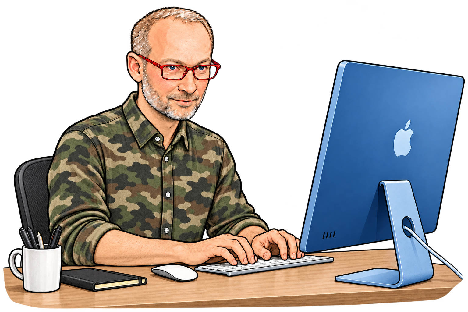 Mario mit Camouflage-Hemd an seinem Schreibtisch – KI-Illustration