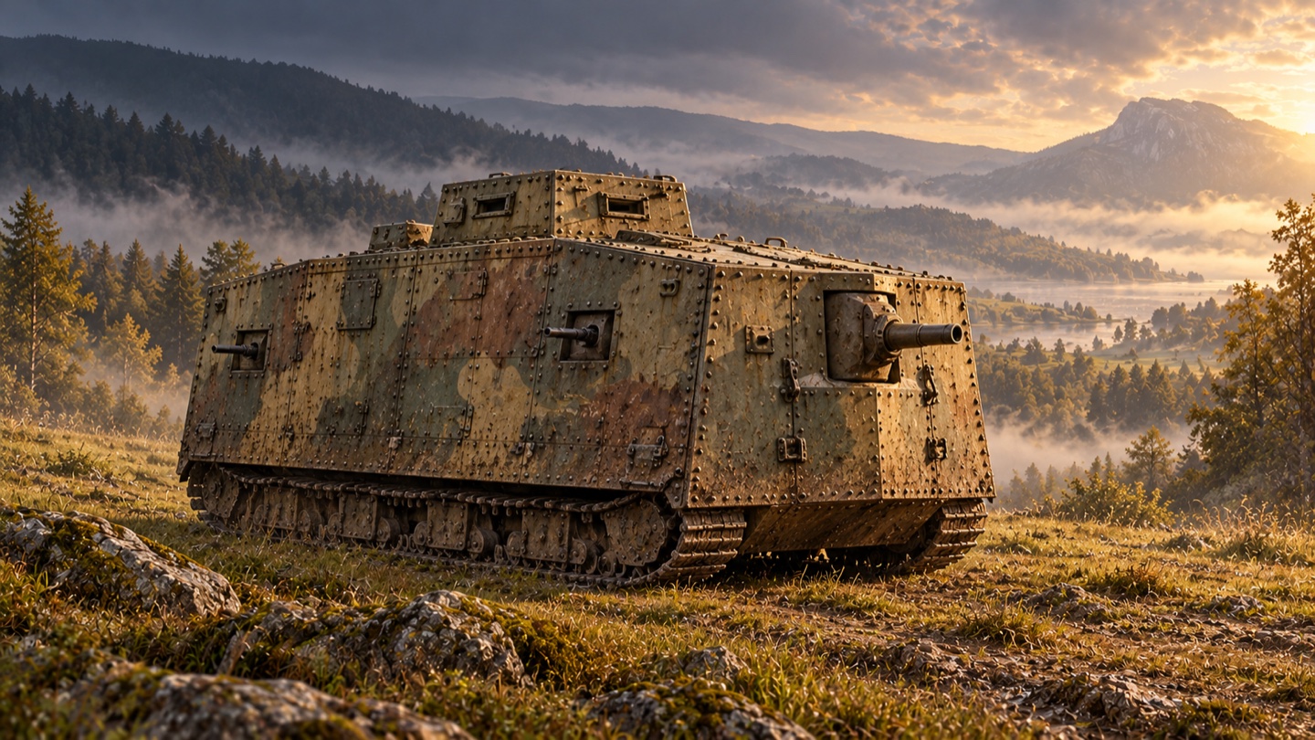 Künstlerische KI-Illustration: Kanonenbewaffneter A7V von 1918; Museumsdaten zum erhaltenen Wagen 506 „Mephisto“ in einer Landschaft