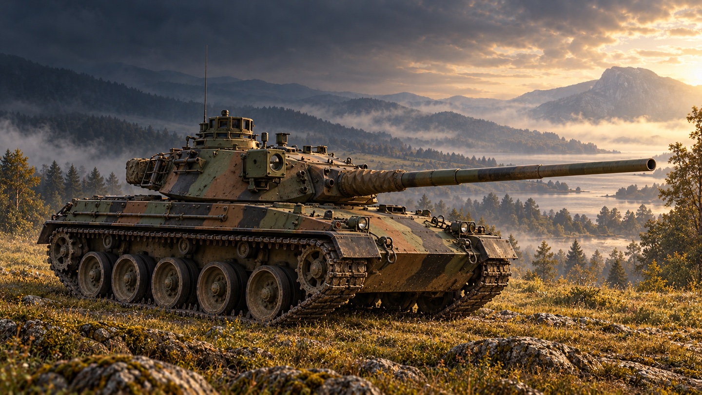 Künstlerische KI-Illustration: AMX-30B2 vor BRENUS-Zusatzpanzerung; technische Referenz: historisches Datenblatt der französischen Kavallerievereinigung UNABCC in einer Landschaft