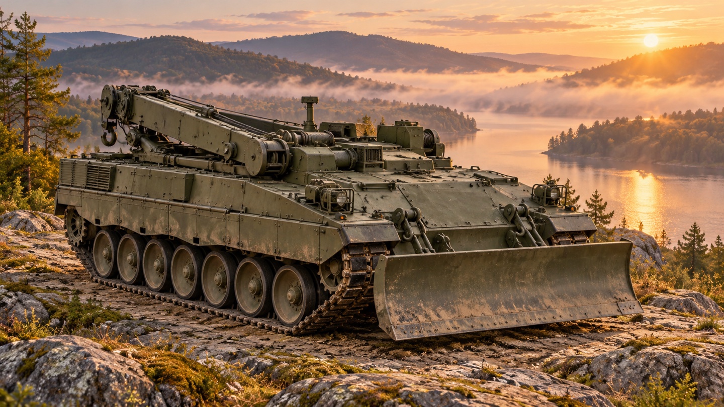 Künstlerische KI-Illustration: Bergepanzer 3 Büffel nach dem Bundeswehr-Ausrüstungsprofil; keine Vermischung mit Bergepanzer 2 oder sämtlichen modernisierten Exportständen. in einer Landschaft