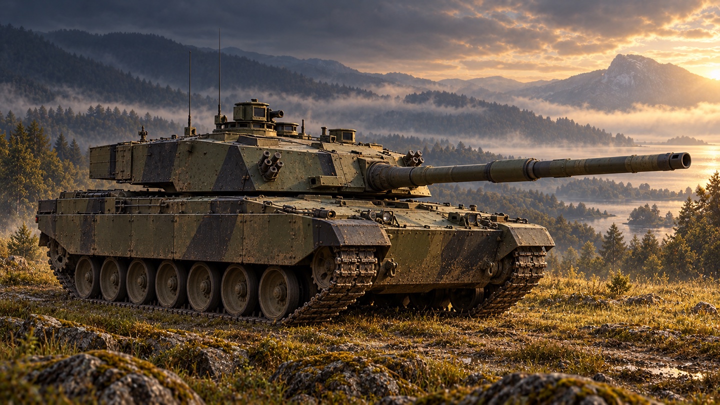 Künstlerische KI-Illustration: Britische Challenger-2-Grundausführung mit 120-mm-Zugrohrkanone L30; Zusatzschutzpakete und Challenger 3 getrennt betrachtet in einer Landschaft