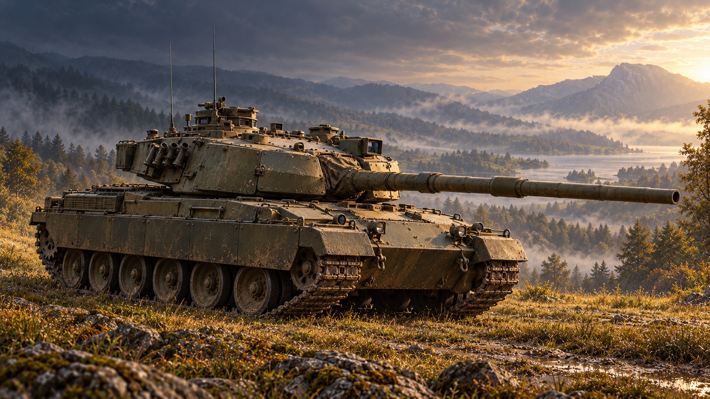 Künstlerische KI-Illustration: FV4201 Chieftain Mk11C nach dem Tank Museum; aus Mk5 weiterentwickelter Zustand mit Stillbrew und TOGS in einer Landschaft