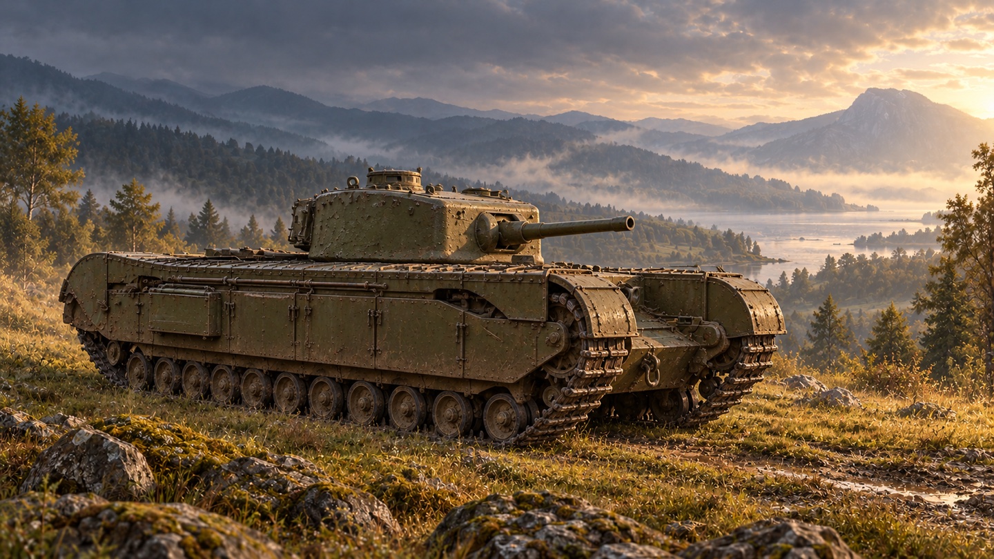 Künstlerische KI-Illustration: Churchill Mark VII mit 75-mm-Kanone; Standardpanzer ohne Crocodile-Flammenwerfer und Anhänger in einer Landschaft