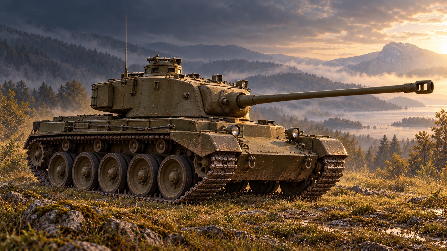 Künstlerische KI-Illustration: Tank, Cruiser, Comet I (A34); Grunddaten nach der Regimentsübersicht, 77-mm-HV-Kanone statt der anders aufgebauten 17-pdr-Waffe in einer Landschaft