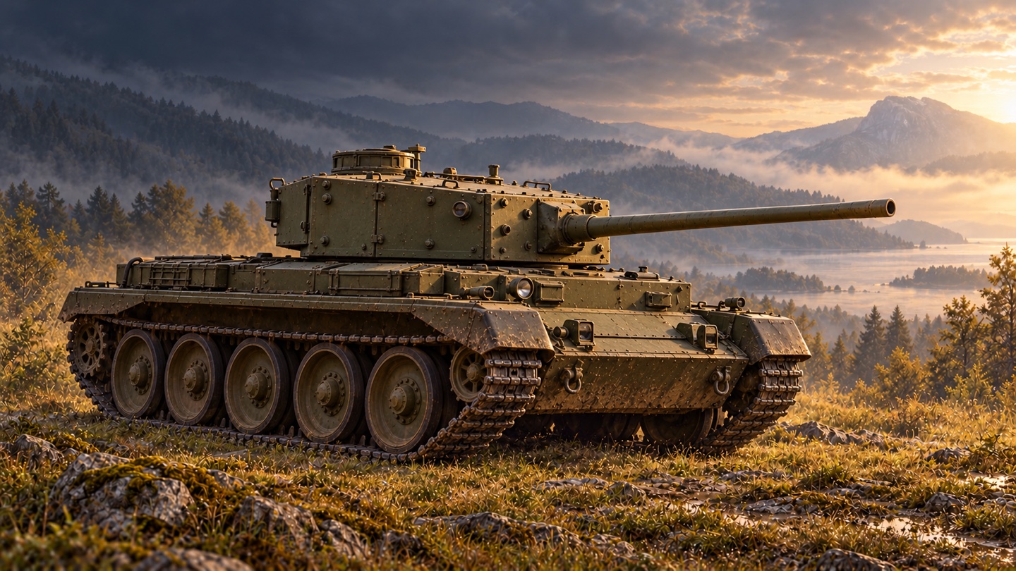 Künstlerische KI-Illustration: Cromwell IV mit 75-mm-Kanone; Fahrzeuggrundwerte nach dem Tank Museum, gemeinsame mechanische Merkmale der A27M-Familie nach dem historischen Handbuch in einer Landschaft