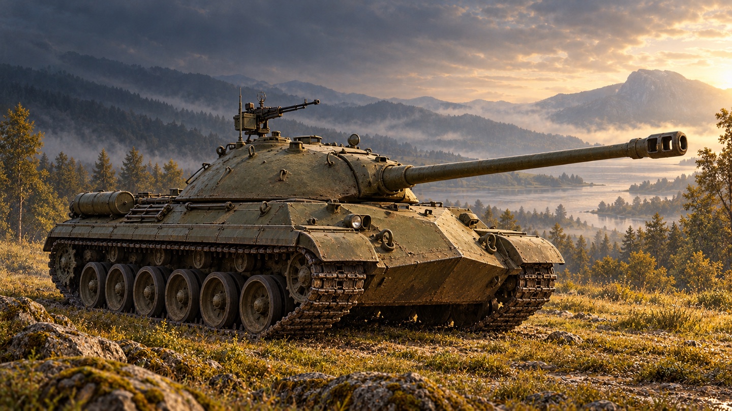 Künstlerische KI-Illustration: IS-3M, modernisierter Nachkriegsstand nach dem Museumsblatt des Park Patriot; ursprünglicher IS-3 von 1945 wird historisch getrennt behandelt in einer Landschaft