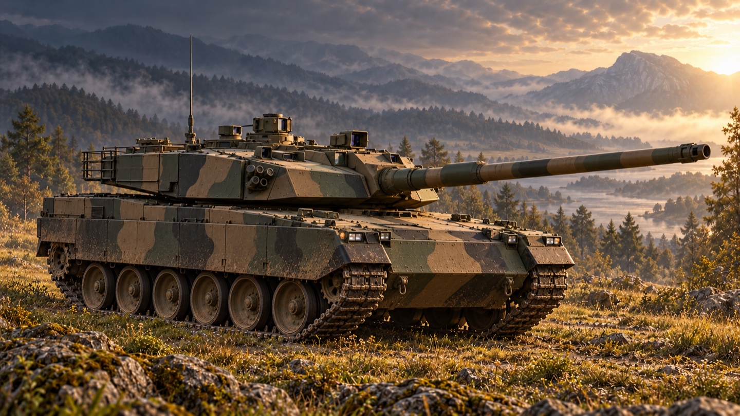 Künstlerische KI-Illustration: K2 der Republik Korea; veröffentlichte Grundkonfiguration von Hyundai Rotem, keine Gleichsetzung mit K2PL in einer Landschaft