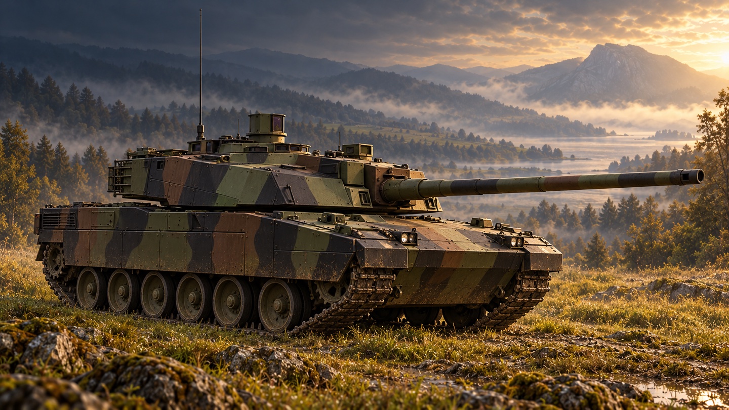 Künstlerische KI-Illustration: Französischer Serien-Leclerc vor der XLR-Modernisierung; Grunddaten nach dem älteren Armée-de-Terre-Datenblatt, keine emiratische Exportausführung in einer Landschaft