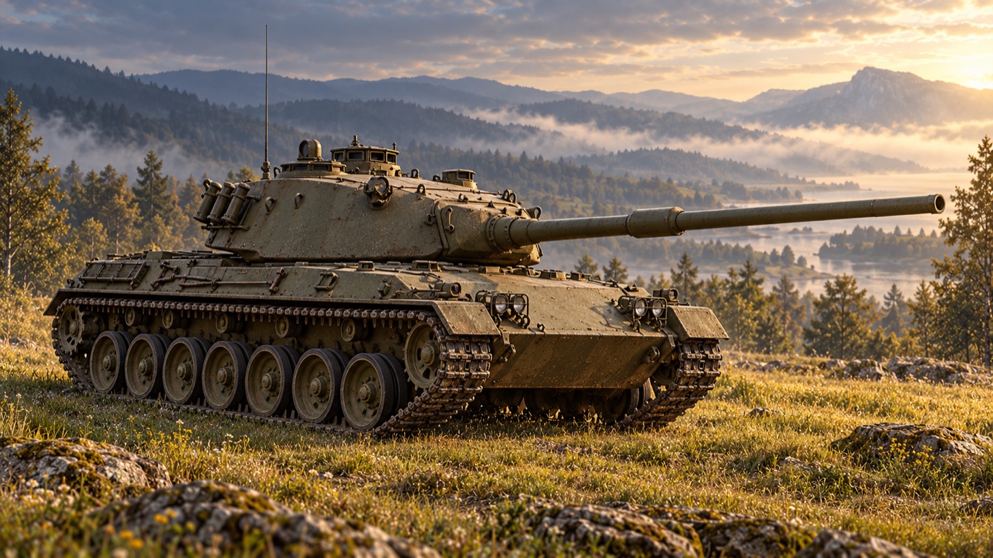 Künstlerische KI-Illustration: Leopard 1A5; Grunddaten nach KNDS, getrennt vom ursprünglichen Serienstand 1965 in einer Landschaft