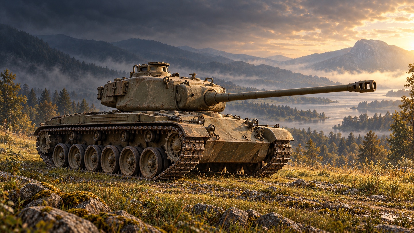 Künstlerische KI-Illustration: M26 beziehungsweise T26E3 mit 90-mm-Kanone M3; technischer Bezug: US-Ordnance-Katalog, kein T26E4 Super Pershing und kein M46 in einer Landschaft