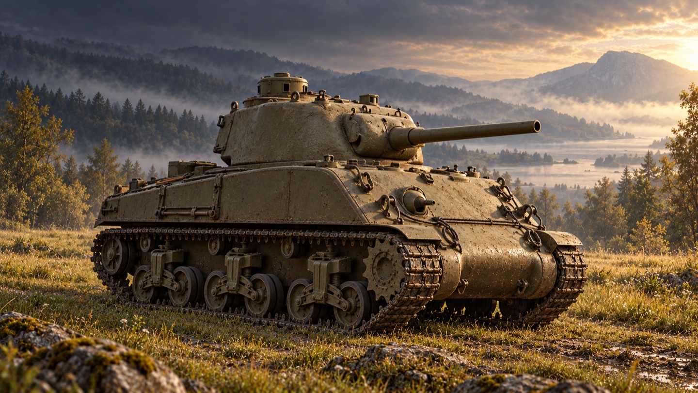 Künstlerische KI-Illustration: M4A2 / Sherman III mit 75-mm-M3-Kanone, früher Stand 1943 in einer Landschaft