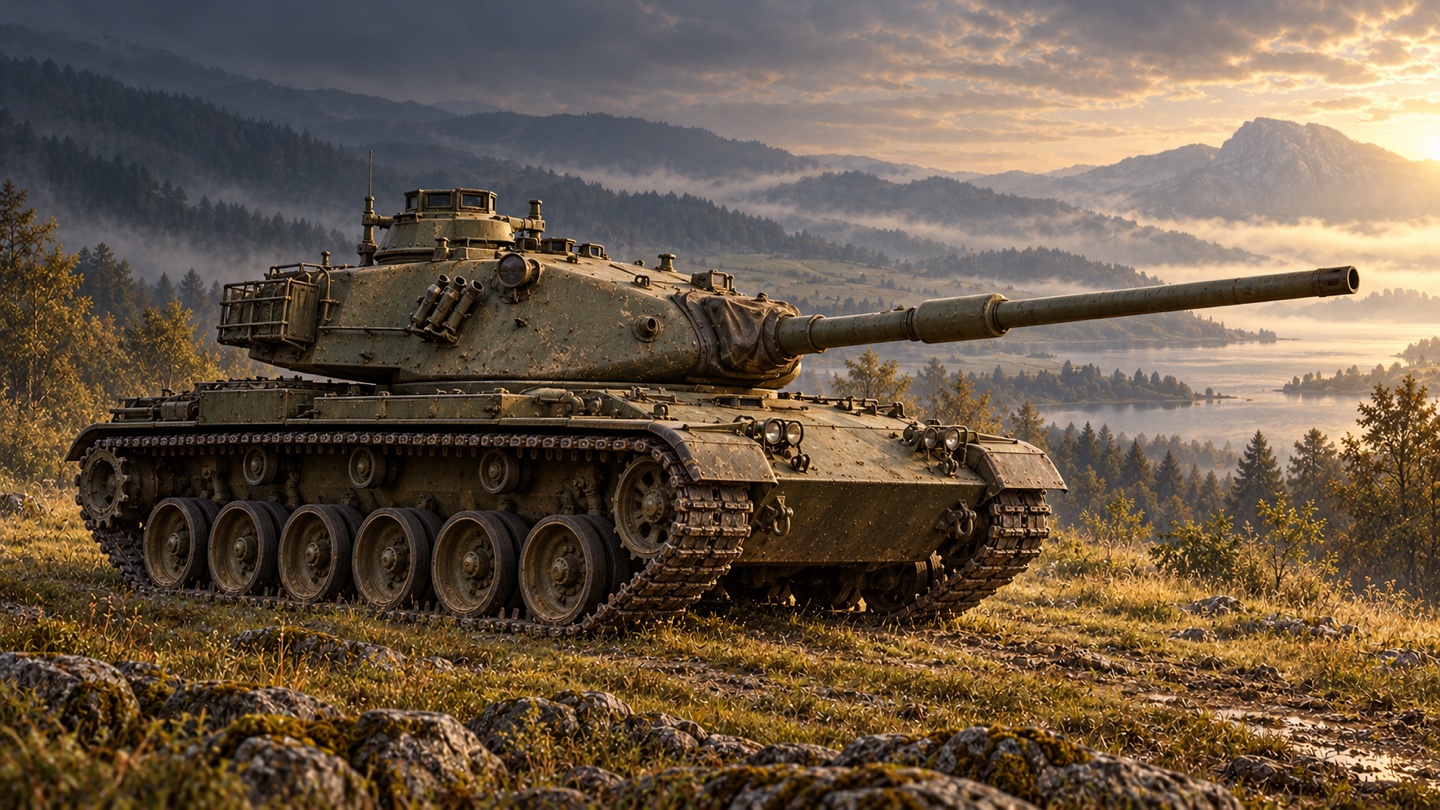 Künstlerische KI-Illustration: M60A1 mit 105-mm-M68; technische Referenz: US-Vergleichsblatt von Dezember 1975, keine M60A3-TTS-Ausführung in einer Landschaft