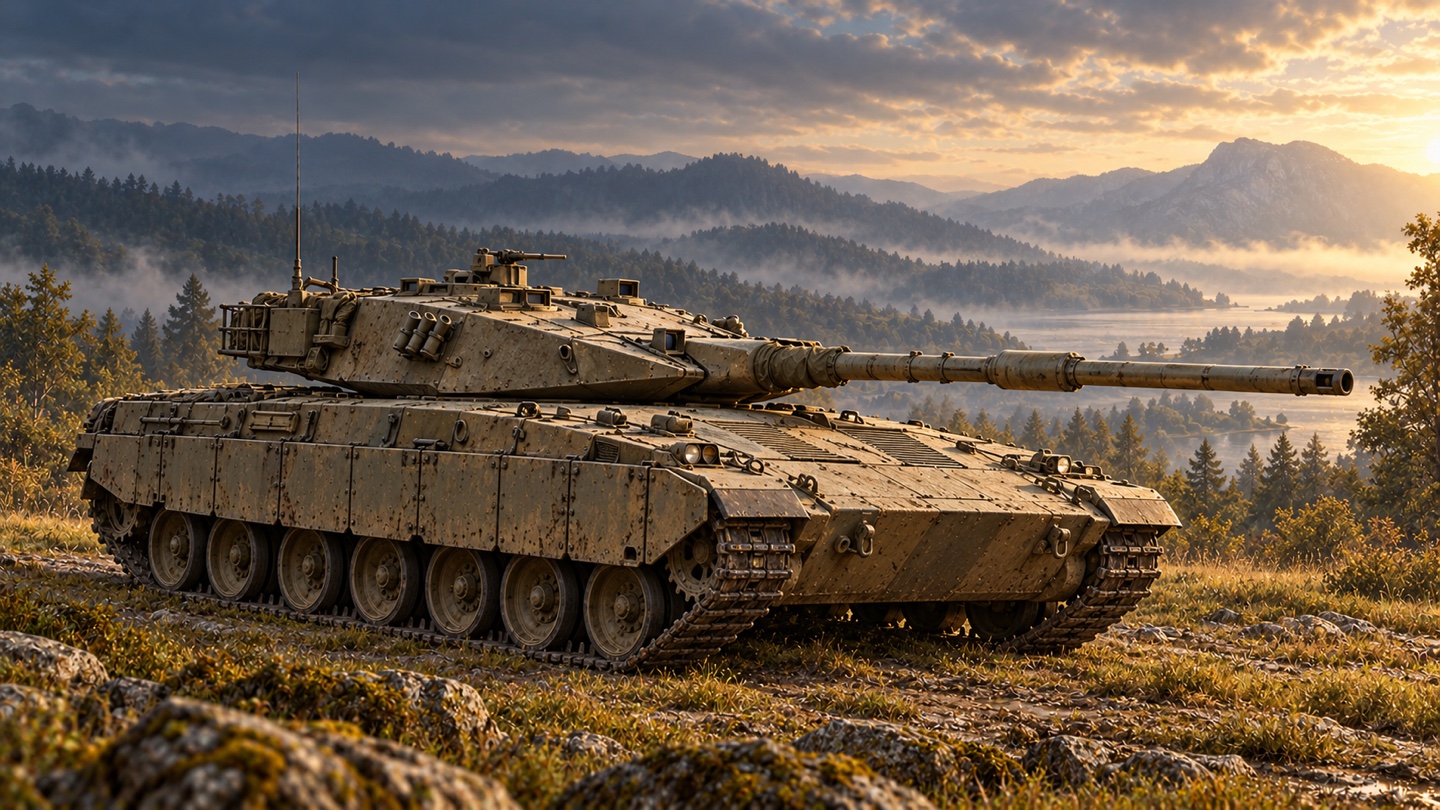 Künstlerische KI-Illustration: Merkava Mk1, erste Seriengeneration ab 1979; Museumswerte und öffentlich dokumentierte Grundsysteme, ohne Eigenschaften späterer Mk3- oder Mk4-Ausführungen in einer Landschaft