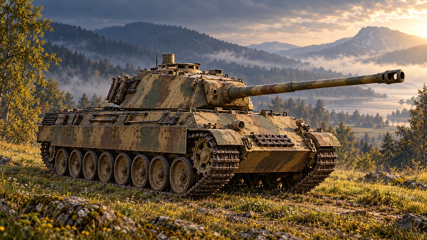 Künstlerische KI-Illustration: Panther Ausführung G, mit ausdrücklich gekennzeichneter zeitgenössischer Datengrundlage in einer Landschaft