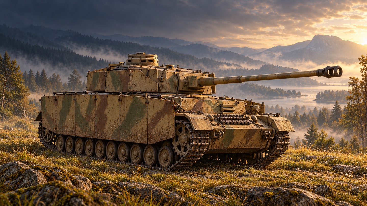 Künstlerische KI-Illustration: Panzerkampfwagen IV Ausf. H; technische Referenz: erhaltenes Fahrzeug und Datenblatt des spanischen Heeresmuseums El Goloso in einer Landschaft