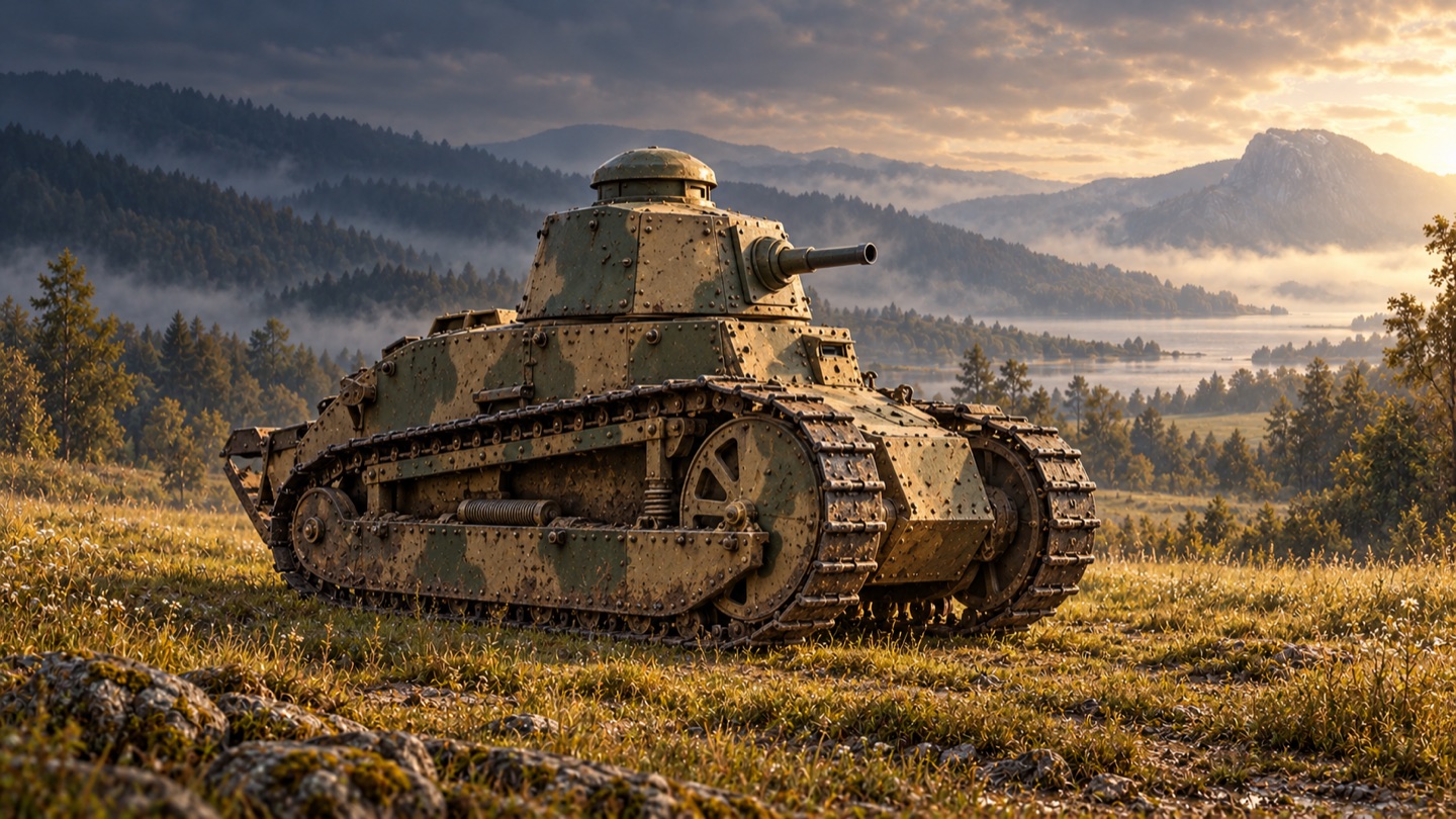 Künstlerische KI-Illustration: Renault FT mit 37-mm-Kanone SA 18; Vergleich mit dokumentierten Museumsfahrzeugen in einer Landschaft