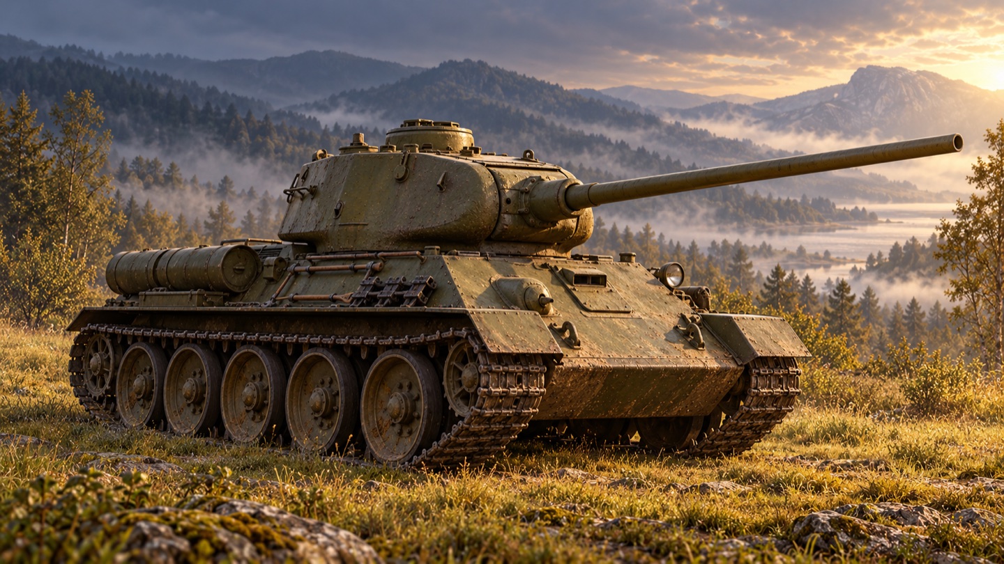 Künstlerische KI-Illustration: T-34/85: Grundkonzept 1944, mit Hinweisen auf Nachkriegsfertigung in einer Landschaft