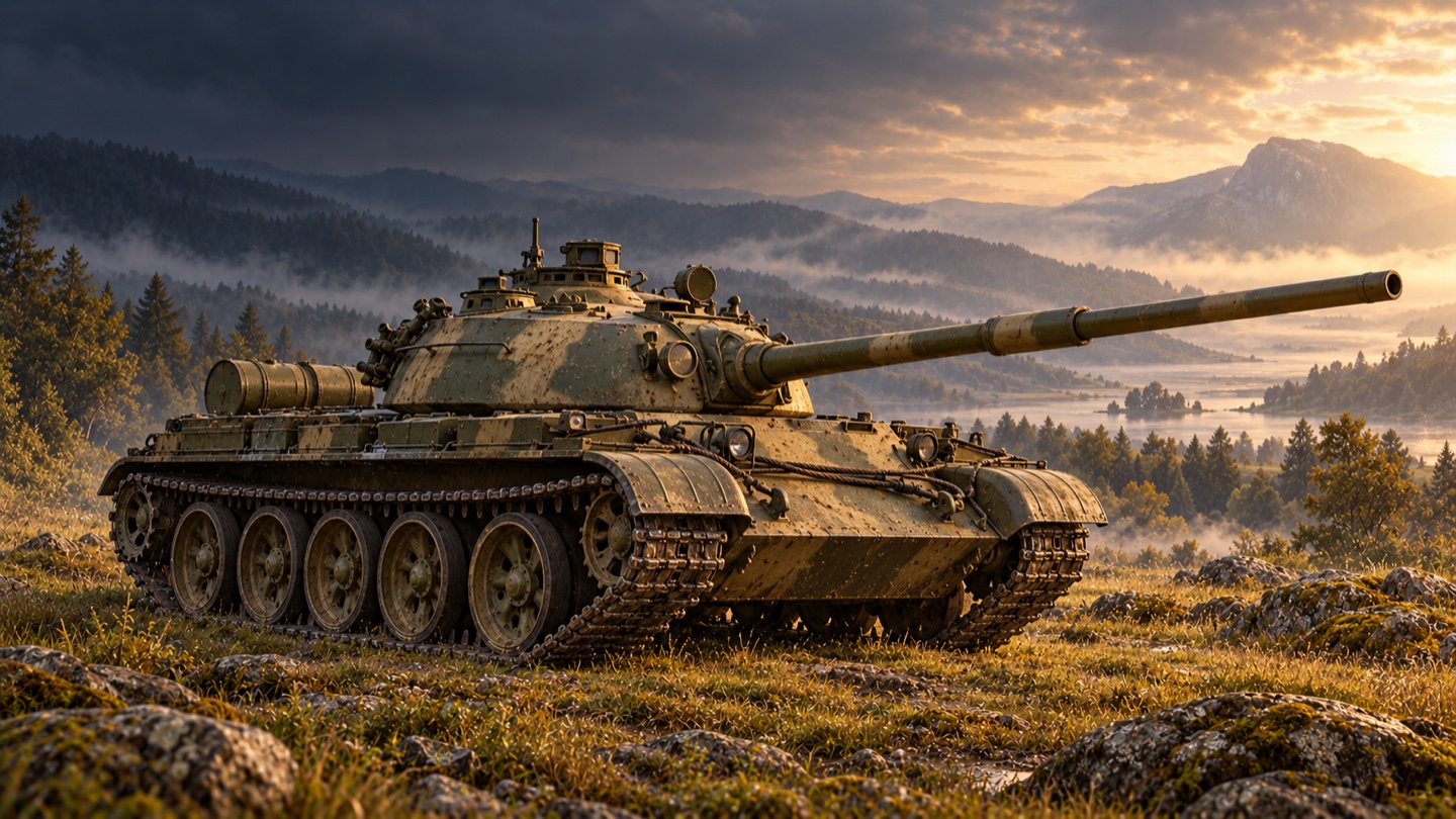 Künstlerische KI-Illustration: Frühe Grundausführung T-55 mit 100-mm-Kanone; getrennt von T-55A und späteren AM-Modernisierungen in einer Landschaft