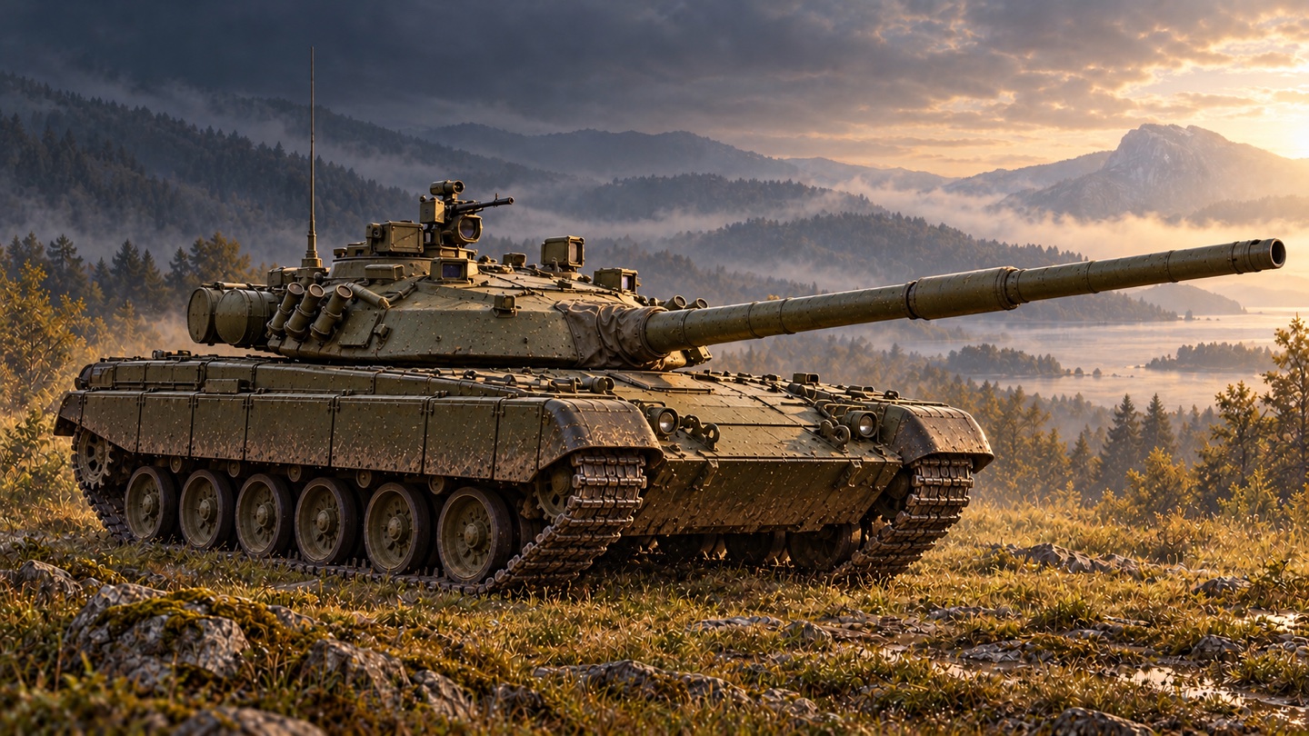 Künstlerische KI-Illustration: T-64B ohne nachgerüstete Kontakt-1-Blöcke; technische Referenz: Tabelle 1.25 der ukrainischen militärischen Handreichung. Kein ursprünglicher T-64 mit 115-mm-Kanone und kein T-64BV. in einer Landschaft