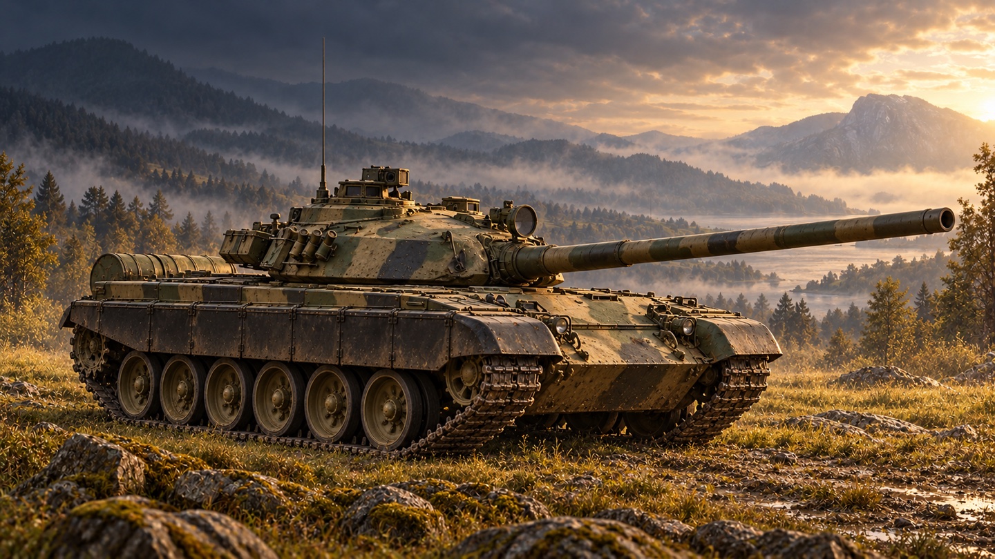 Künstlerische KI-Illustration: T-72M1; technische Referenz: Datenblatt des 73. tschechischen Panzerbataillons; ergänzend das polnisch gebaute ehemalige NVA-Fahrzeug des Tank Museum in einer Landschaft