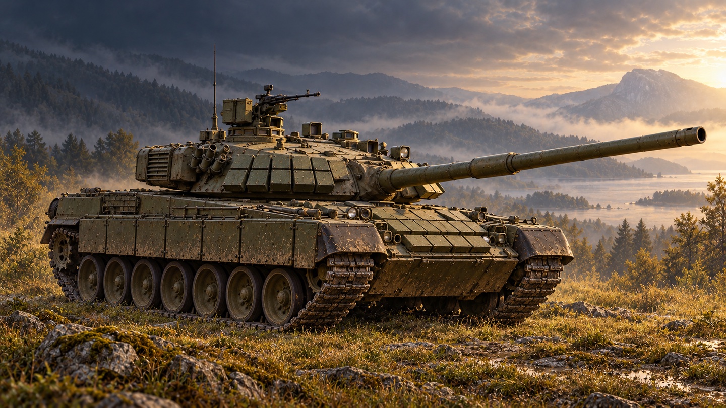 Künstlerische KI-Illustration: T-80U mit GTD-1250-Gasturbine; technischer Bezug: kroatische Militärzeitschrift und historischer US-Army Worldwide Equipment Guide, kein T-80UD oder T-80BVM in einer Landschaft