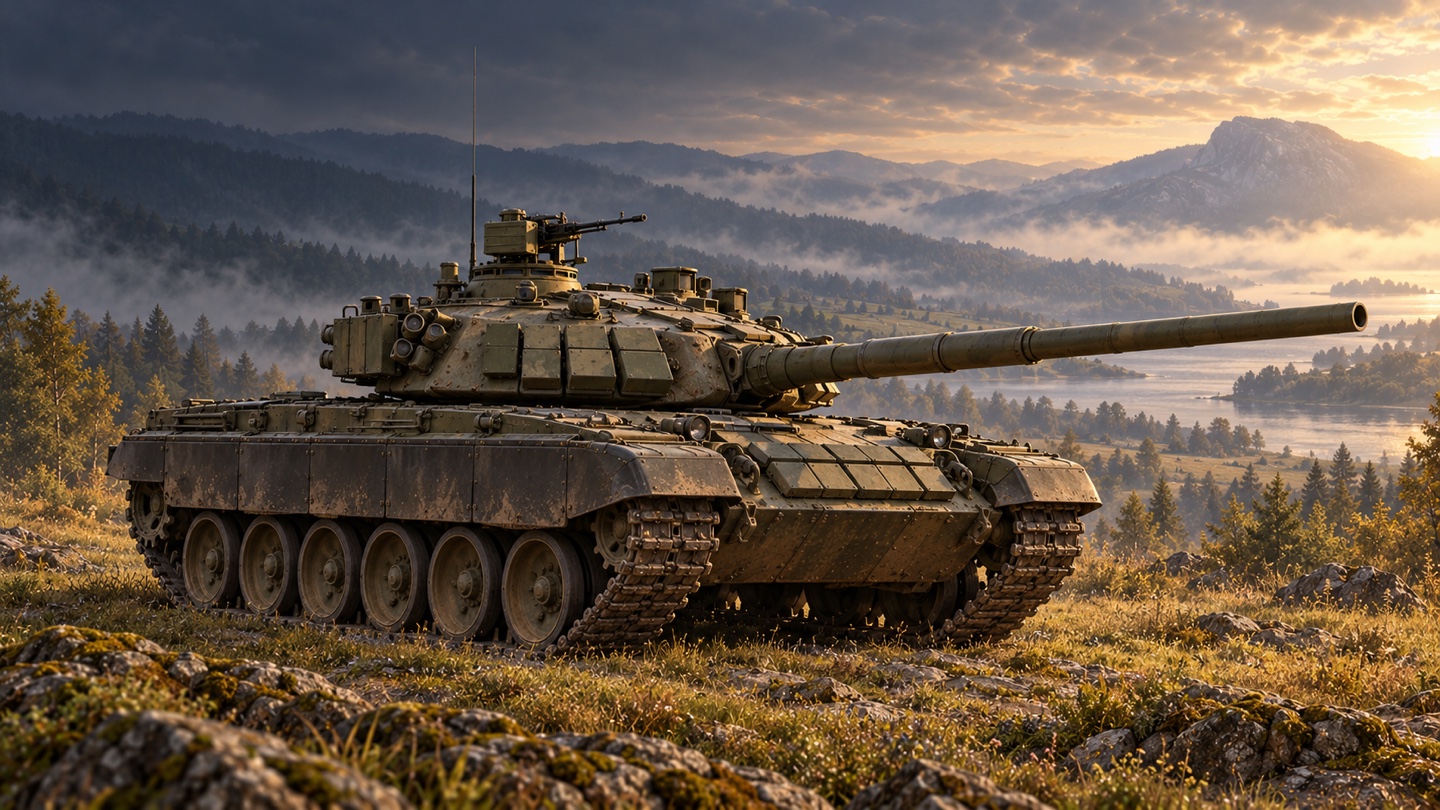 Künstlerische KI-Illustration: T-90S mit 1.000-hp-Antrieb nach Rosoboronexport-Datenblatt; keine T-90M- oder T-90MS-Ausführung, kundenspezifische Ausstattung möglich in einer Landschaft