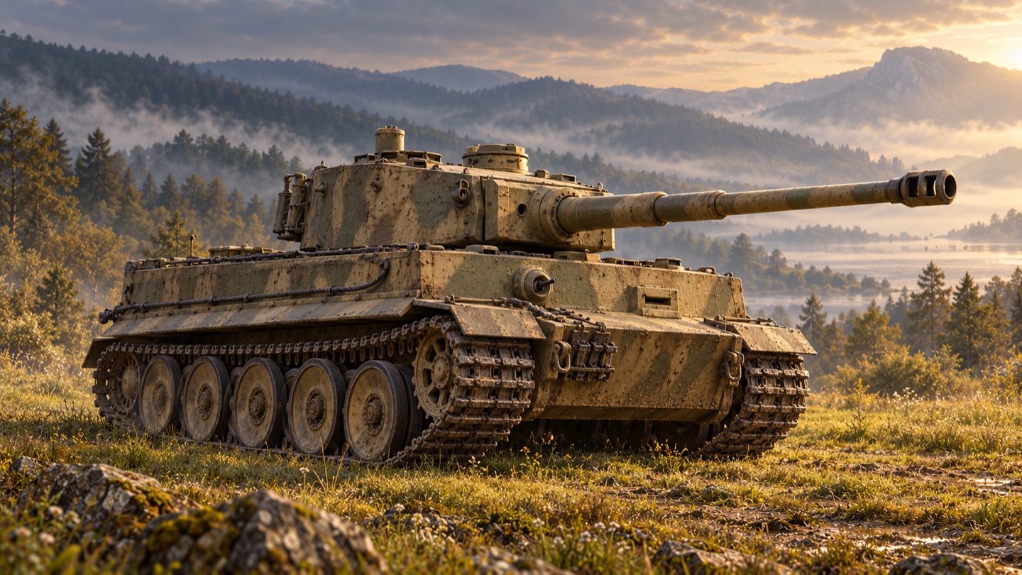 Künstlerische KI-Illustration: Tiger I, Ausführung E mit Maybach HL 230 P45; technische Referenz nach US-Handbuch vom März 1945 in einer Landschaft
