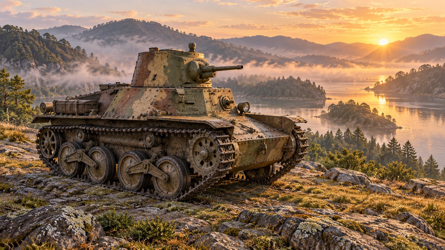 Künstlerische KI-Illustration: Type 95 Ha-Go; technische Angaben des Australian War Memorial werden als dessen Angaben ausgewiesen, kein zusammengeführtes Idealprofil. in einer Landschaft