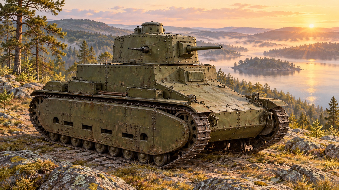 Künstlerische KI-Illustration: Tank Medium, Mark II* im Tank Museum; Stern kennzeichnet eine amtliche Änderung, keine unveränderte Gesamtreferenz aller Mark II. in einer Landschaft